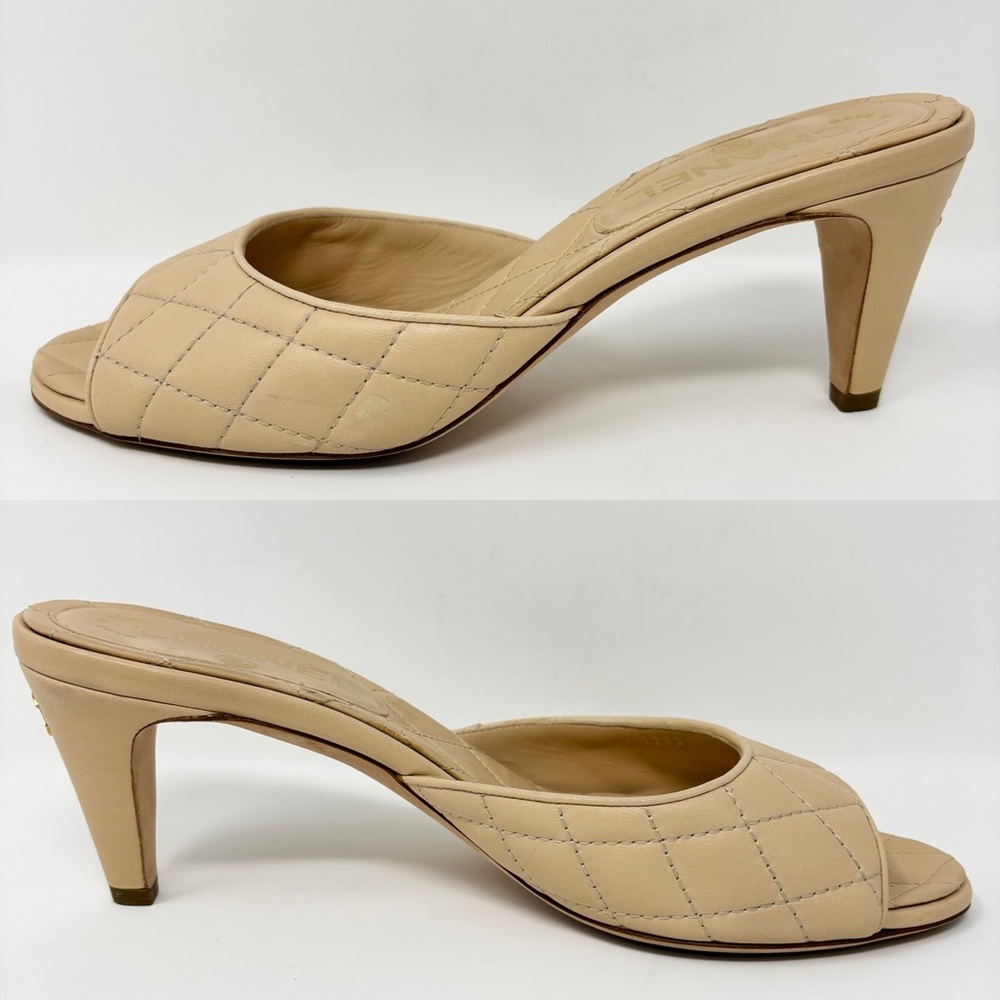 Chanel Quilted Lambskin CC Mules Beige Open Toe Mid Heel Size 39 - Picture 8 of 16